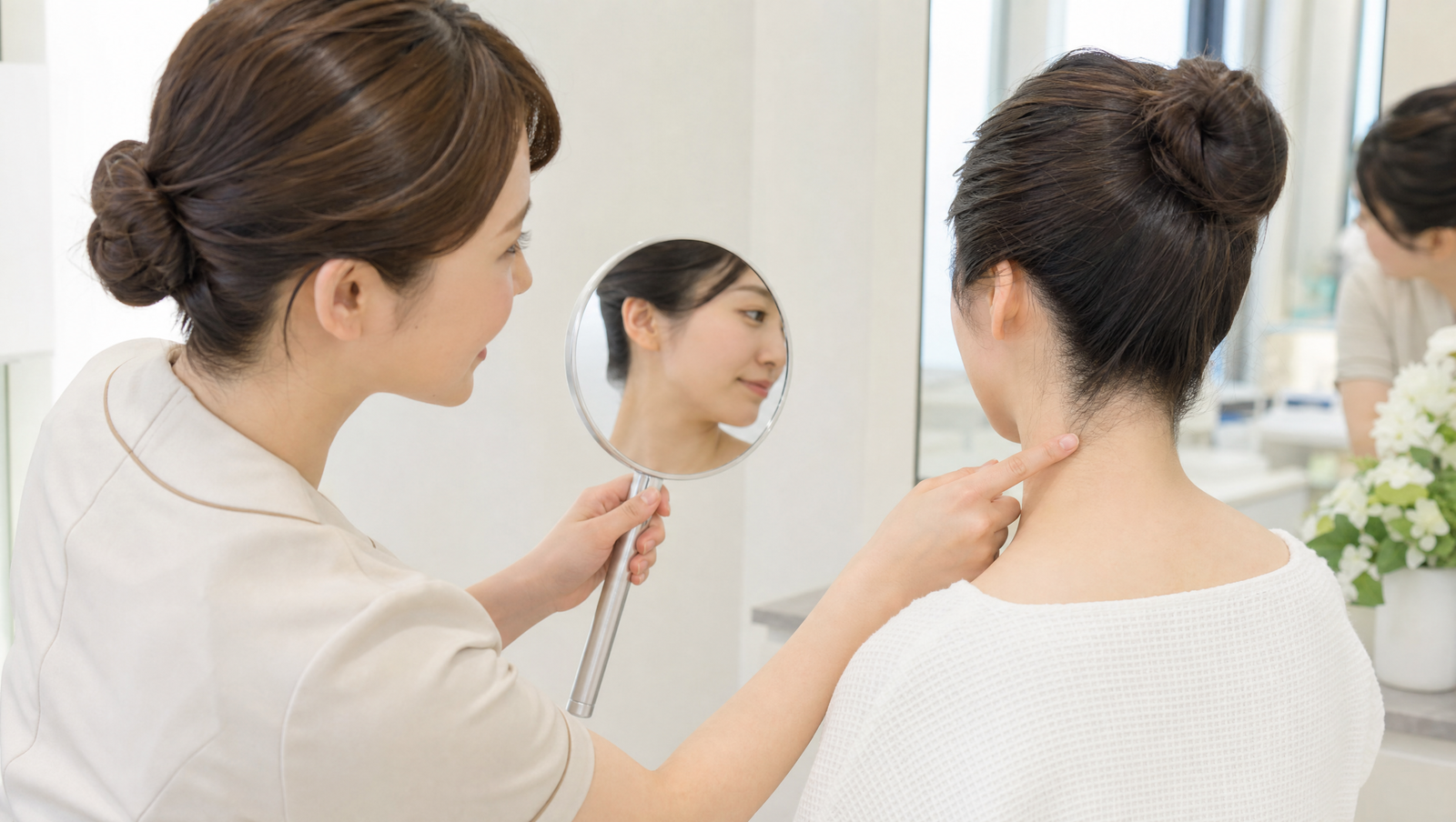 カウンセリングでうなじのデザインを相談する女性とスタッフ