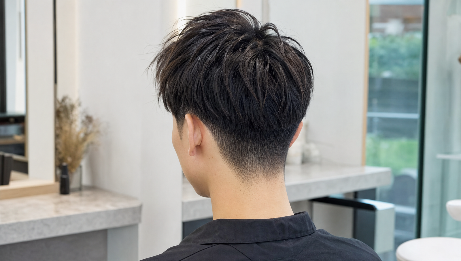 ツーブロックで襟足が整った男性の後ろ姿