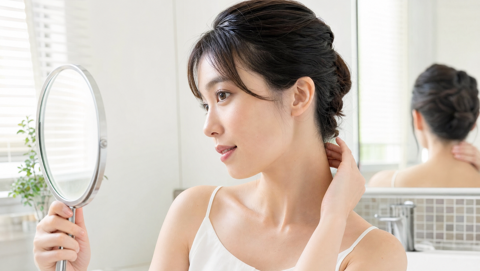 手鏡で整ったうなじを確認する女性
