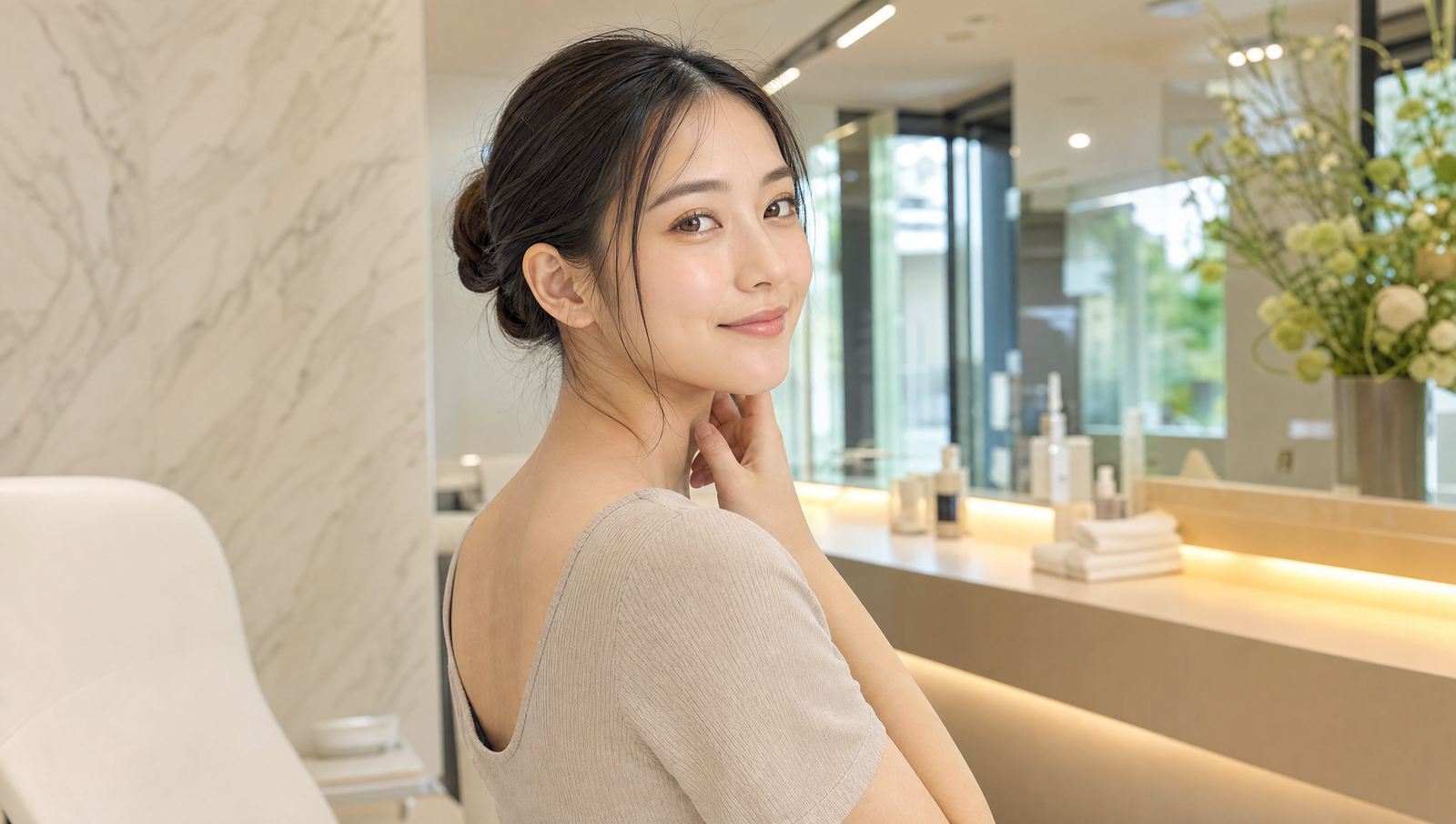 うなじがきれいになり満足そうにほほえむ女性