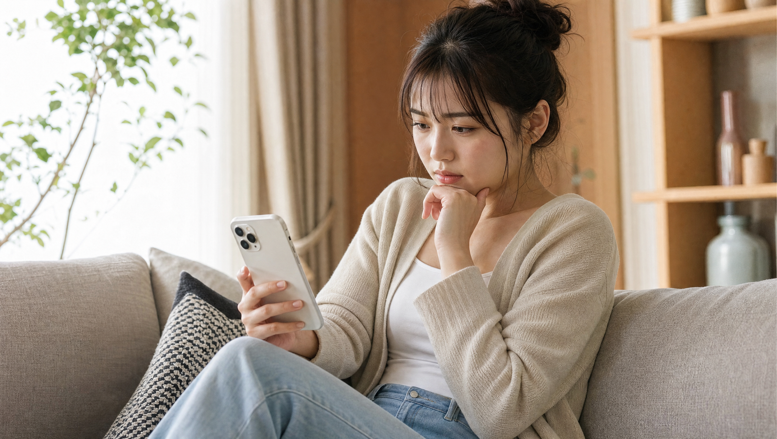 スマホでビフォーアフター写真を見比べて考える女性